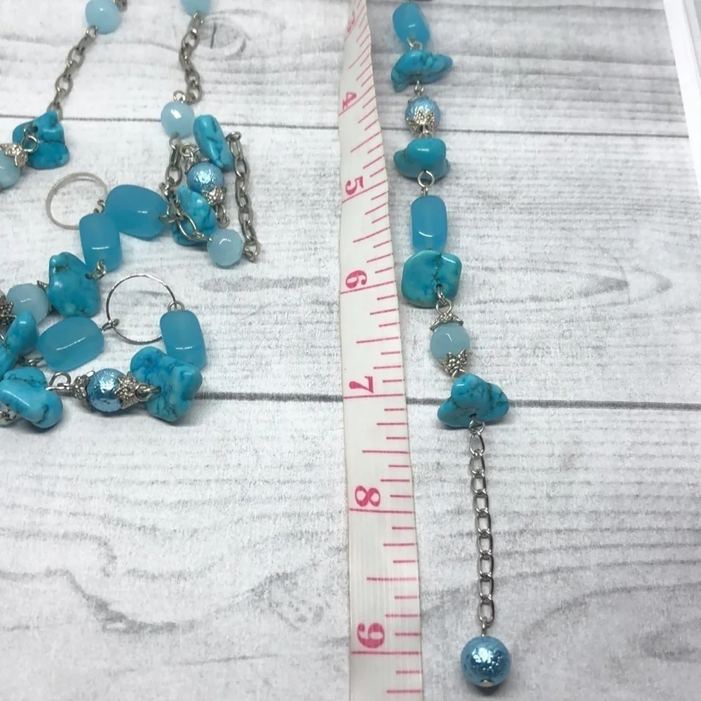 𝅺Turquoise blue beaded jewelry set necklace and bracelet boho trendy dressy.